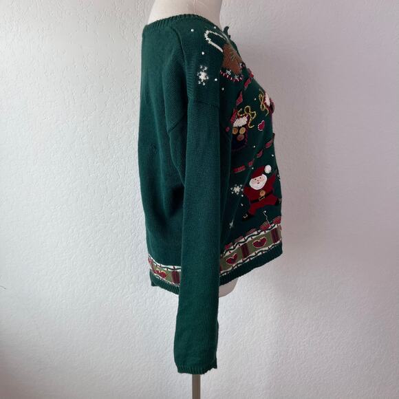 Vintage 90s Christmas Button Up Cardigan Sweater Santa Hearts Green Medium - Picture 5 of 9